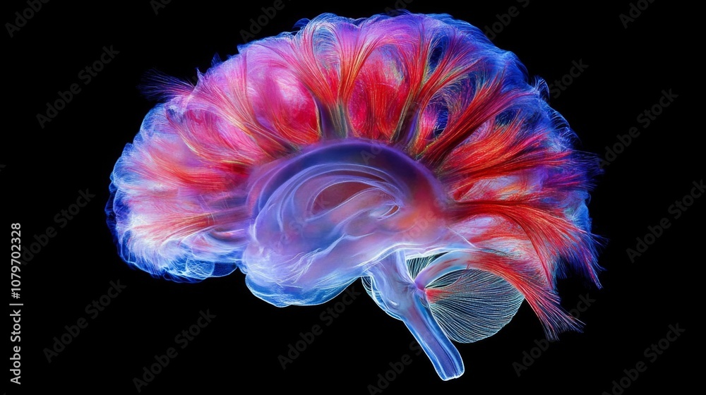 Poster vibrant abstract illustration of the human brain with colorful neural connections on a dark backgrou