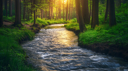 Naklejka premium A river winding through a forest illustrating the natural flow of water 
