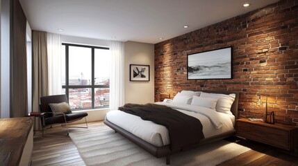 Cozy modern bedroom with stylish brick wall and large window offering city view, featuring elegant furnishings and warm lighting creating a serene atmosphere
