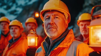 A group of smiling miners wearing helmets with headlamps, celebrating National Miners Day.