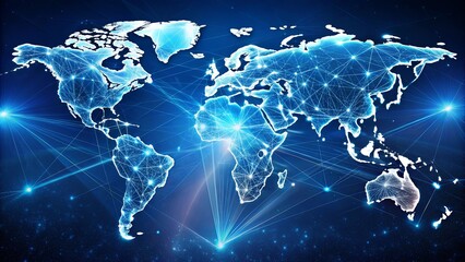 Fototapeta premium Global Network Connections Visualized on a Digital Map with Bright Light Rays Emanating from the Center