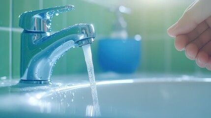 Hand controlling water flow with a modern faucet, clean design and gentle operation for efficient management