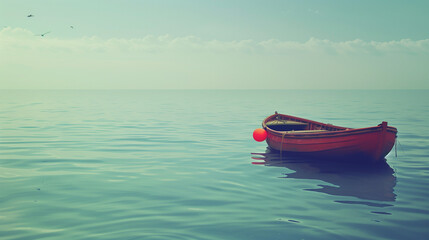 Naklejka premium A Rescue Boat Floating on Calm Waters, With a Life Buoy Attached to Its Side, Ready for Action, Surrounded by a Serene Blue Sea and a Distant Horizon, While Seagulls Fly Overhead in a Tranquil Maritim