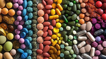 Colorful Rows of Multicolored Pills, Tablets, and Capsules