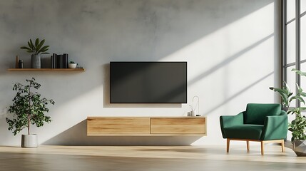 Modern Living Room with Green Armchair and Wooden Shelf