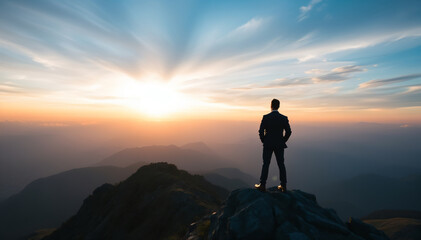 Fototapeta premium silhouette of a business person on a mountain top, see you on top, success story