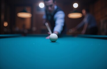 A man in a billiard club preparing to hit the ball. Billiards and snooker. Championship in billiards. For banners, posters, backgrounds. With copy space
