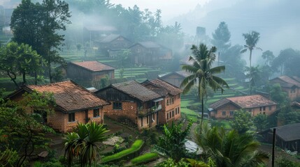 A rural landscape with vast rice fields stretching across the land, dotted with numerous tall coconut trees, creating a peaceful and picturesque countryside scene.