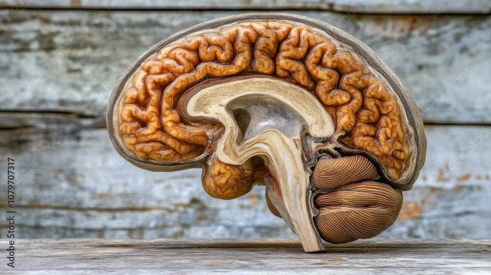 Fototapete detailed side view of human brain model showing intricate structures in natural wood setting for edu
