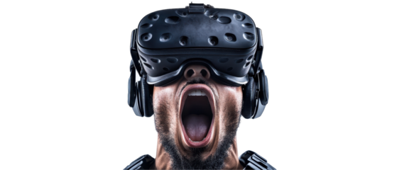 Excited gamer immersed in virtual reality. transparent background