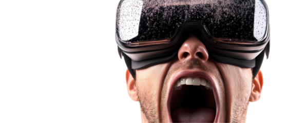 Excited man wearing VR goggles, expressing thrill. transparent background