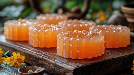 Closeup of five round orange spa soaps on wooden surface with flowers.