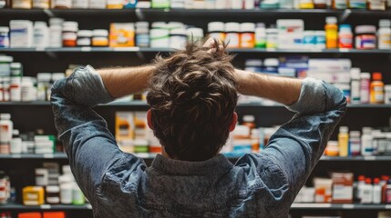 Man in Denim Jacket Staring at Shelves