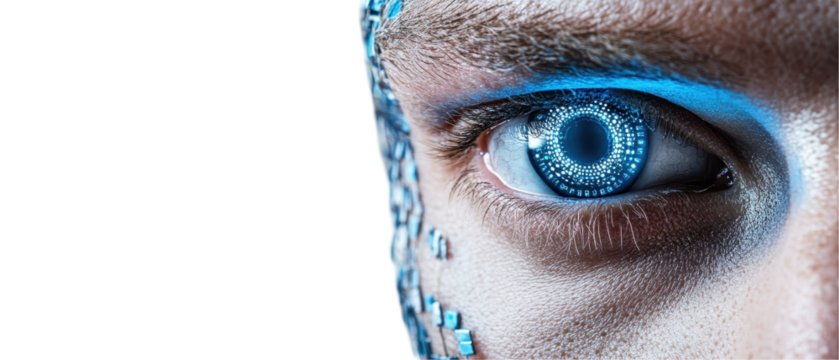 Futuristic digital eye with blue circuitry. transparent background
