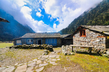Tea houses in the picturesque himalayan village of Kothe in the Makalu Barun sanctuary by the Hinku...