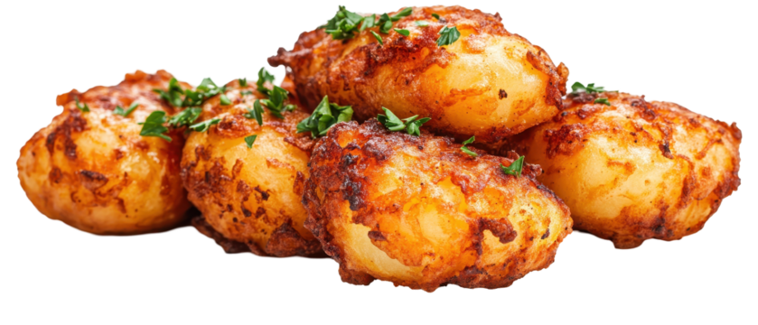 Golden crispy fried potato balls garnished. transparent background
