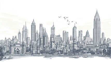 A stylized skyline illustration featuring iconic buildings and a serene water foreground.