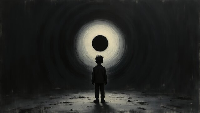 Silhouette of a boy standing in front of a black hole illuminated by a bright light. Contarst picture. Soul and feelings. Loneliness. Mental health. Childhood trauma. Booling. Enlightenment