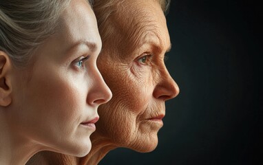 Aging journey: a portrayal of a female persona reflecting the changes of age, emphasizing the visual evolution of a woman’s face as she transitions through the natural stages of life.