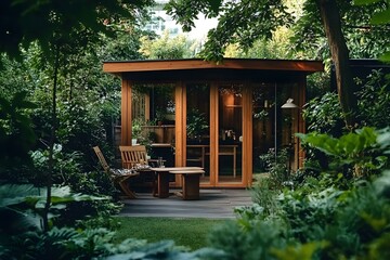 Charming Backyard with Wooden Shed and Furniture
