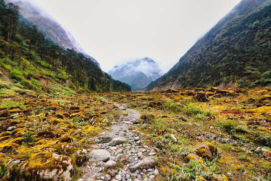 Deep mountain valley of the Hinku river or Ingu khola that flows from the Mera glacier near the village of Kothe on route to Base camp of Mera Peak,a 6476 meter high peak in the Khumbu Himalayas,Nepal