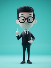 A cheerful cartoon character in a suit, gesturing with one finger raised, suggesting an idea.