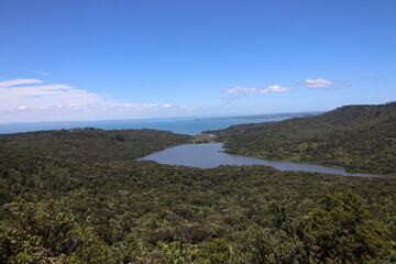 blue ocean waters and lush green forested hills under deep blue skies
