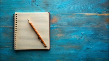 A blank lined notebook with a wooden pencil on a blue wooden surface, ready for new ideas and thoughts.