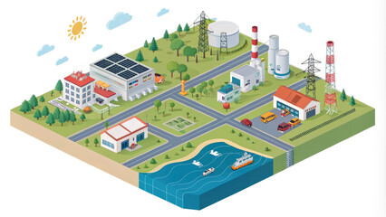 Illustrated overview of an industrial and environmental landscape