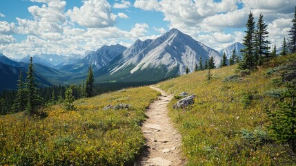 Obraz premium A scenic mountain view with a hiking trail leading to a picturesque summit as a travel destination