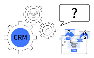 CRM gears, team collaboration, sales growth chart, speech bubble with question mark, people online shopping, discount, cashback, purchase button. Ideal for marketing sales business strategy team