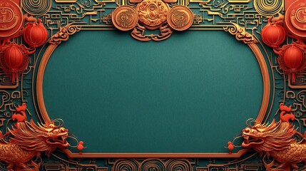 Chinese frame with oriental asian elements on color background, for wedding invitation card, happy new year, happy birthday, valentine day, greeting cards, with generative ai