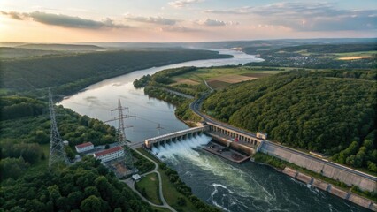 Aerial view of a hydroelectric dam at sunset