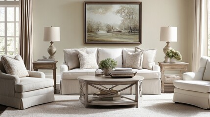 Fototapeta premium Cozy and Elegant Living Room with Soft Tones, Stylish Furniture, and Warm Natural Light Inviting Comfort and Serenity into Your Home Environment