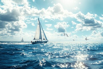 Fototapeta premium Sailboat on the Ocean with Sunny Sky and Birds.