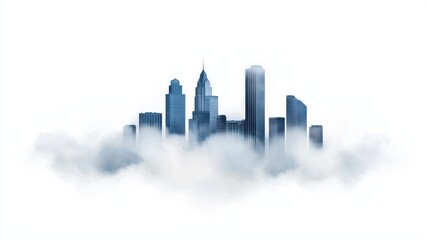 Fototapeta premium Economic Growth and Climate Change concept. A modern city skyline emerges from clouds, showcasing a blend of tall buildings against a bright background.