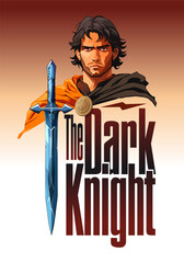 A comic book style poster featuring a knight in a cape and the words - The Dark Knight. Portrait of a medieval knight in a cloak. Vector illustration