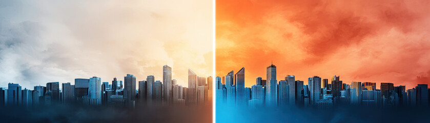 Fototapeta premium Globalization Trade War Concept. A split image of a city skyline, with contrasting atmospheres: one side features a calm blue hue, while the other showcases an intense fiery sunset.