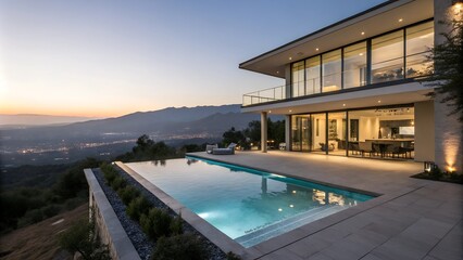 Fototapeta premium Modern house with amazing waterfall edge swimming pool with views over the city at dusk