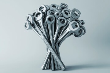 Creative greeting design layout with a bouquet made of wrenches. 3D render illustration on engineering, with generative ai