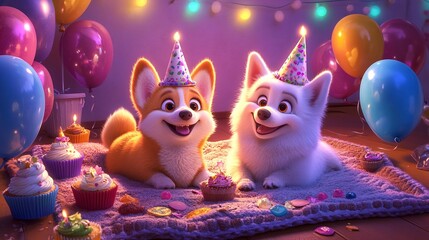 Two Dogs Celebrate Birthday With Cupcakes and Balloons