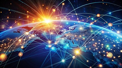 Obraz premium Global Network of Interconnected Lines and Nodes on a Blue Planet with a Glowing Starburst