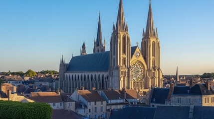 Obraz premium A stunning view of a cathedral with spires overlooking a quaint town at sunset.
