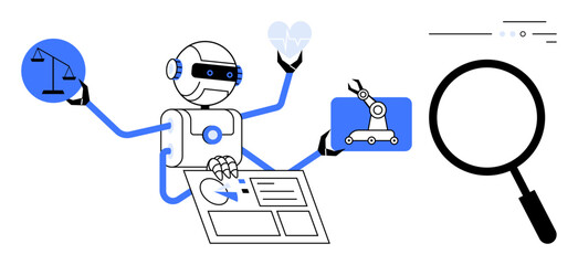 Robot handles justice symbol, heart, robotic arm, and data chart. Ideal for technology, AI, automation, healthcare, legal tech, industrial, and research themes. Line metaphor