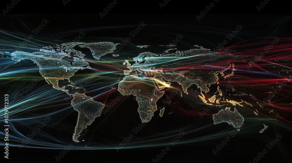 Poster abstract world map visualization with colorful light trails futuristic network concept representing 