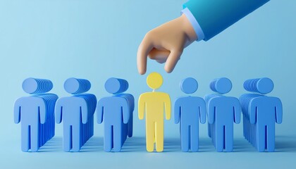 A hand selects a yellow figure from a lineup of blue figures, symbolizing choice, recruitment, or talent selection.