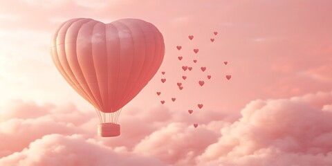 Fototapeta premium 3D heart-shaped hot air balloon with small hearts flying in the sky against a pink background, in a minimalistic style, cute and dreamy