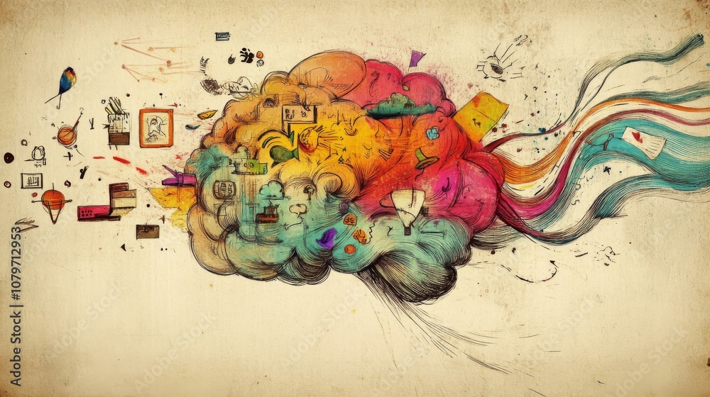 Aufkleber Vibrant Abstract Illustration of a Colorful Brain Representing Creativity, Imagination, and Ideas Flowing with Artistic Elements and Dynamic Shapes
