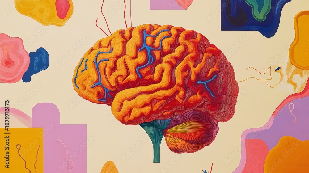 Poster vibrant contemporary illustration of a brain surrounded by colorful abstract shapes and patterns, re