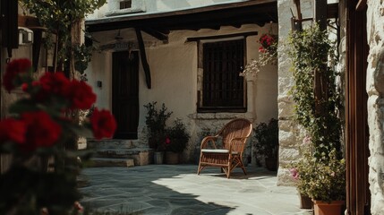 Fototapeta premium A serene courtyard with a wicker chair surrounded by flowers and stone pathways.